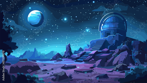Observatory Night Landscape Cartoon Game Background Stars Telescope Sky Astronomy Moon Galaxy Celestial Scenery Mountain Science