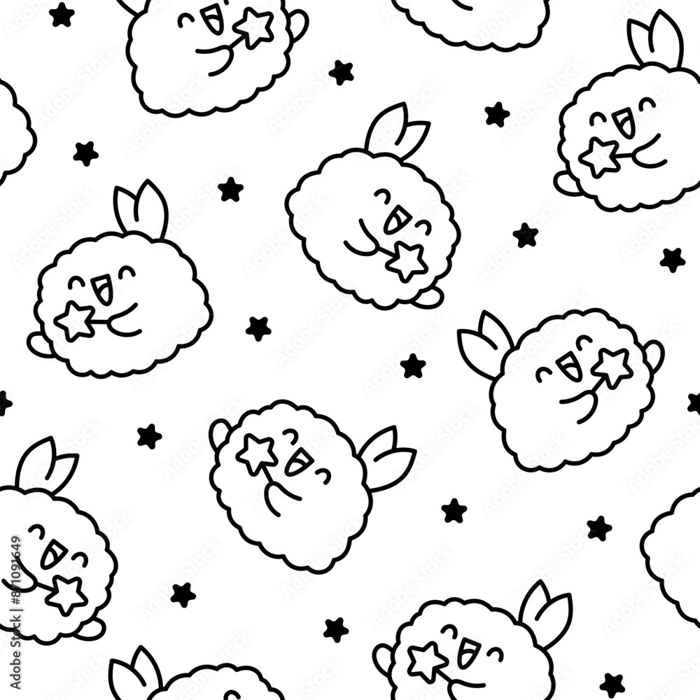 Cute happy kawaii tempura shrimp. Seamless pattern. Coloring Page. Funny cartoon food character. Hand drawn style. Vector drawing. Design ornaments. Cute happy kawaii tempura shrimp. Seamless pattern. Coloring Page. Funny cartoon food character. Hand drawn style. Vector drawing. Design ornaments.