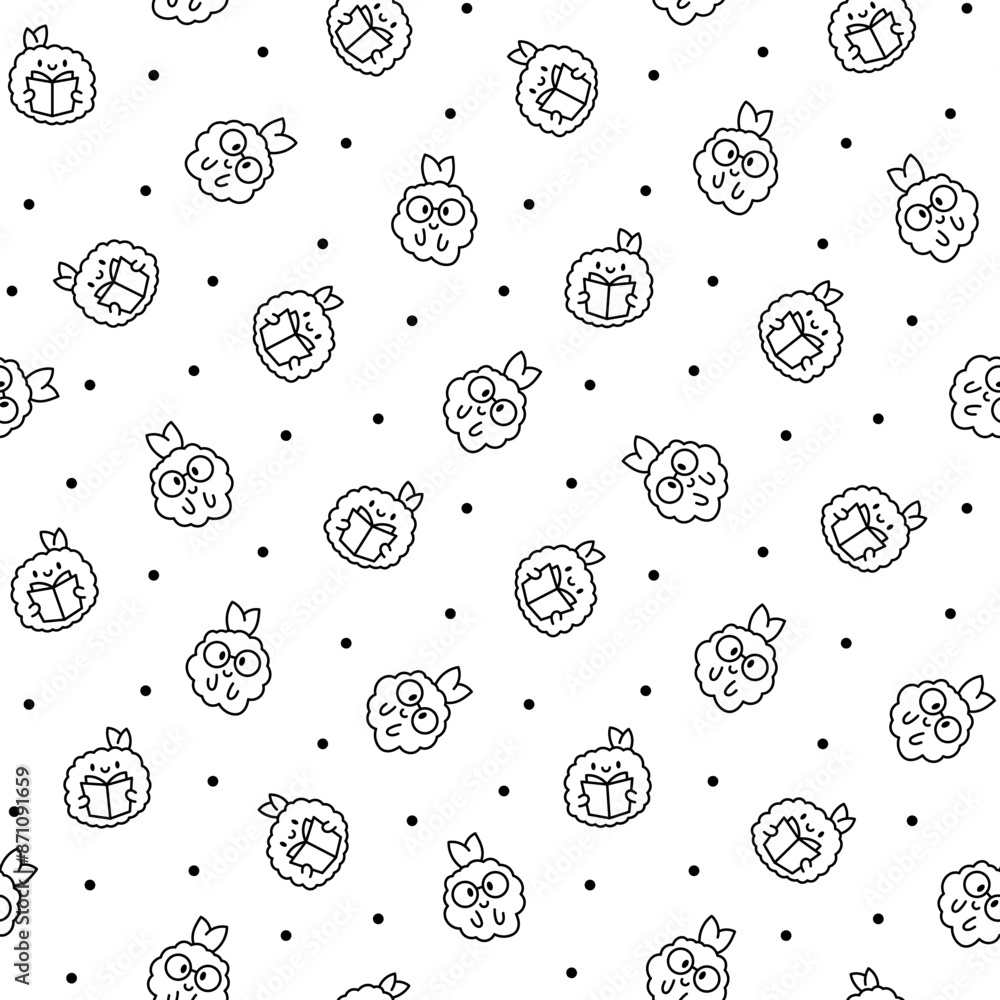Cute happy kawaii tempura shrimp. Seamless pattern. Coloring Page. Funny cartoon food character. Hand drawn style. Vector drawing. Design ornaments. Cute happy kawaii tempura shrimp. Seamless pattern. Coloring Page. Funny cartoon food character. Hand drawn style. Vector drawing. Design ornaments.