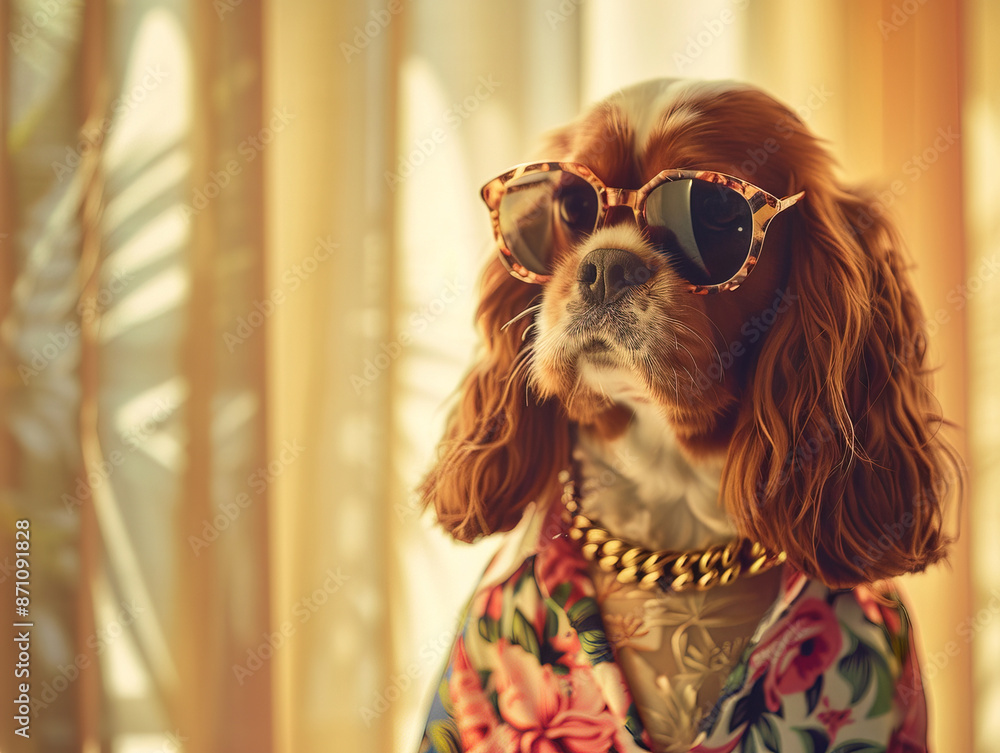 Photorealistic, miami vice style, Cavalier King Charles Spaniel, sunglasses, floral shirt, gold chain cavalier king charles spaniel sitting on a bench in autumn