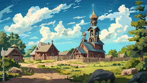 Old Wooden Church Cartoon Game Background Eastern European Architecture Religious Orthodox Christianity Traditional Slavic Village Countryside Historical