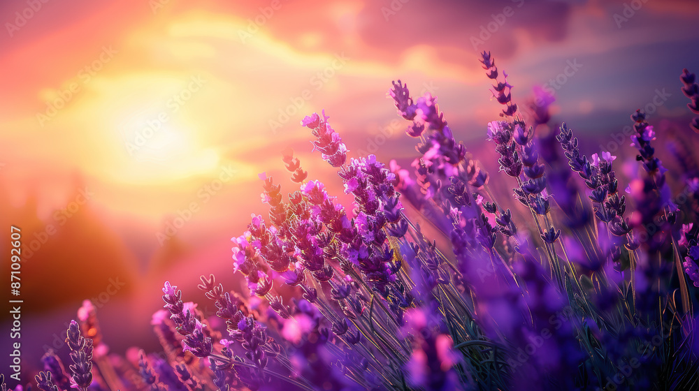 A mesmerizing digital art piece featuring a lavender flower field at sunset with fresh purple blossoms glowing in the dreamy, ethereal light. A mesmerizing digital art piece featuring a lavender flower field at sunset with fresh purple blossoms glowing in the dreamy, ethereal light.