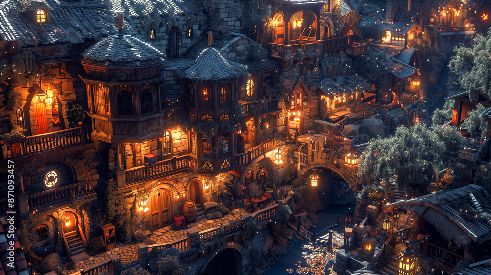 A captivating night scene showcasing a quaint, medieval-style town with cobblestone streets, charming buildings, and cozy lanterns A captivating night scene showcasing a quaint, medieval-style town with cobblestone streets, charming buildings, and cozy lanterns