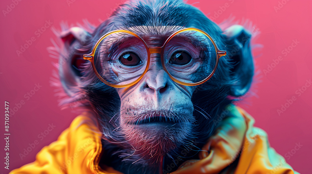 A monkey with a serious expression stares directly at the viewer while wearing a pair of yellow round glasses against a bright pink background A monkey with a serious expression stares directly at the viewer while wearing a pair of yellow round glasses against a bright pink background