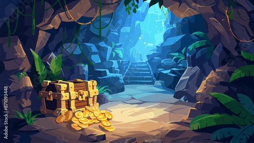 Pirate Treasure Cave Cartoon Game Background Game Level Illustration Adventure Island Chest Crew Gold Coins Chests Palm Trees Skull Crossbones Fun Fantasy