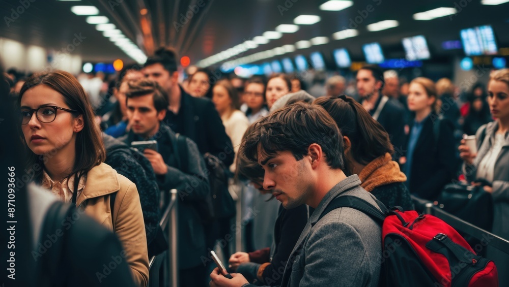 A diverse group of travelers waits patiently in line at an airport terminal A diverse group of travelers waits patiently in line at an airport terminal