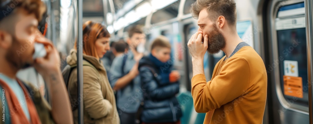 A man on a crowded train pinches his nose, clearly bothered by a foul smell, while other commuters go about their day, representing discomfort and public transport challenges. A man on a crowded train pinches his nose, clearly bothered by a foul smell, while other commuters go about their day, representing discomfort and public transport challenges.