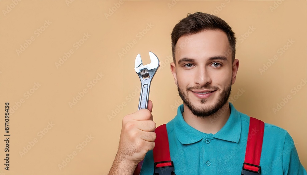 Smiling plumber man holding a adjustable wrench Smiling plumber man holding a adjustable wrench