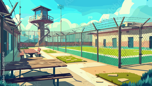 Prison Yard Sports Field Dining Tables Cartoon Game Background Detention Center Barbed Wire Fence Guard Towers Recreation Area Incarceration Facility