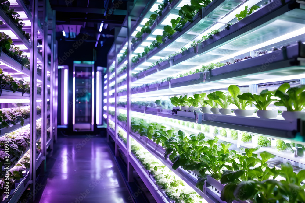 Innovative indoor vertical farm growing fresh greens under LED lights. Innovative indoor vertical farm growing fresh greens under LED lights.