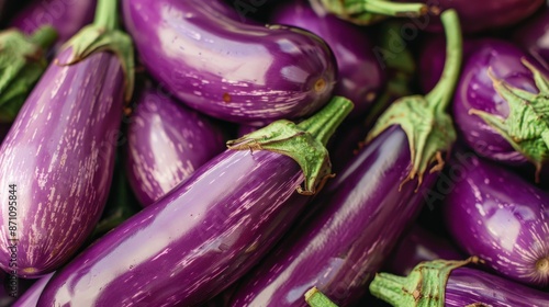 Wallpaper Mural Pile of fresh purple eggplants with green stems, close-up. Healthy vegetable and organic farming concept Torontodigital.ca