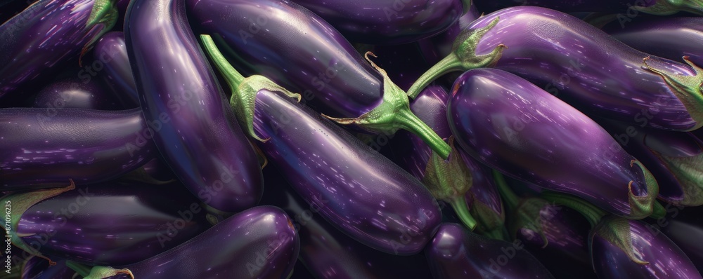 Pile of fresh purple eggplants, close-up view. Healthy food and nutrition concept Pile of fresh purple eggplants, close-up view. Healthy food and nutrition concept