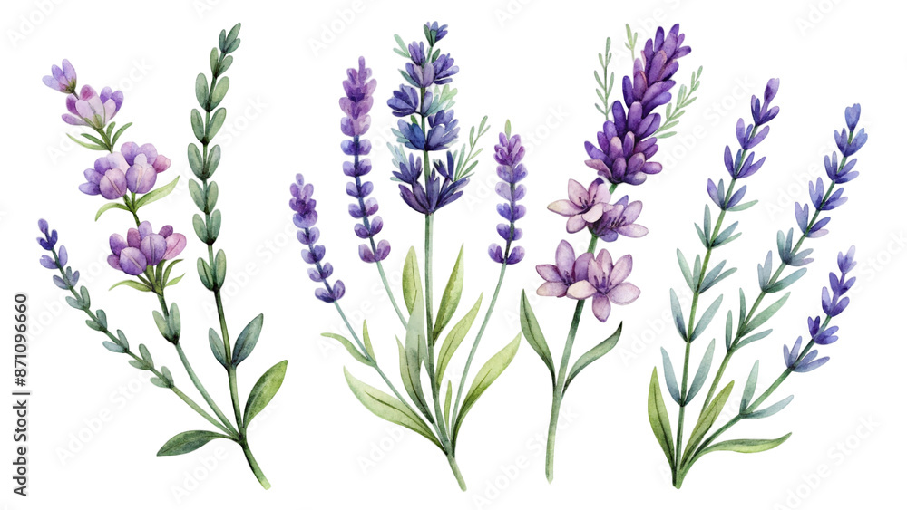 Fototapeta premium Watercolor illustration of flowers and twigs of lavender. Ideal for decorating invitations and cards, creating prints on fabrics and wallpaper, designing stationery and much more.
