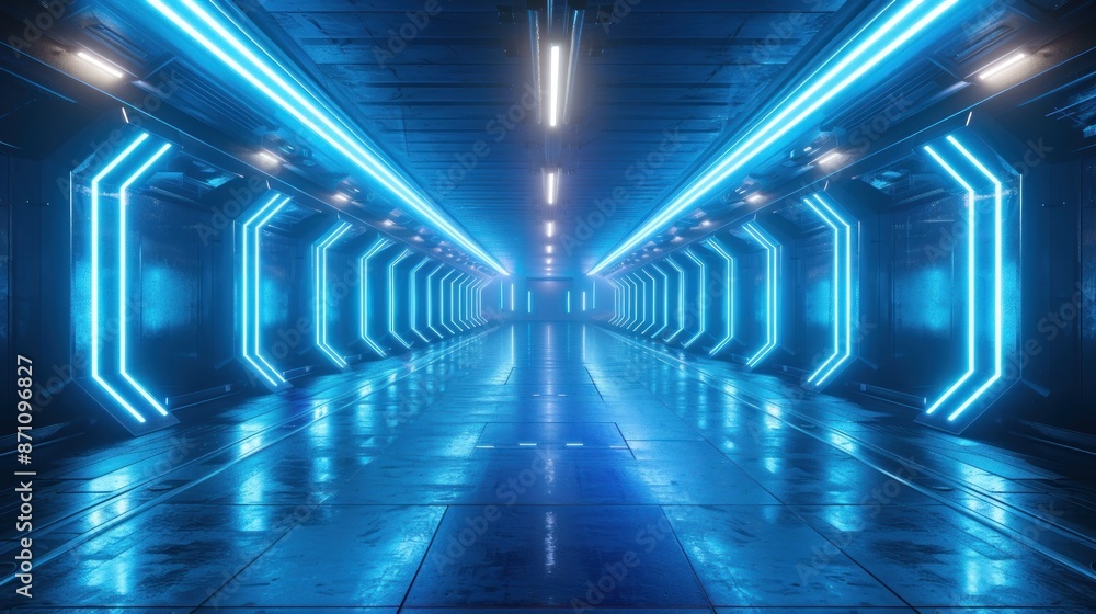 Futuristic Sci-Fi Corridor with Blue Neon Lights. A 3D Render