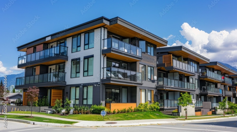 Fototapeta premium A modern apartment building with balconies overlooks a quiet street in Vancouver. The building features a sleek design with large windows and a contemporary color scheme