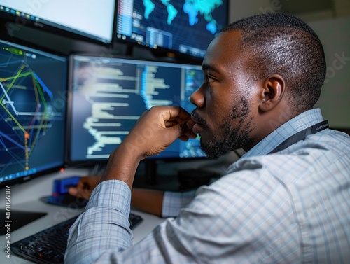 Man working on multiple computer screens with coding and analytics software, deeply focused in a professional workspace environment. © wanavit