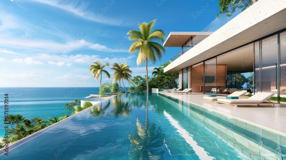 Fototapeta premium Luxurious infinity pool overlooking the ocean at a tropical resort villa. Perfect getaway for vacation, relaxation, and travel.