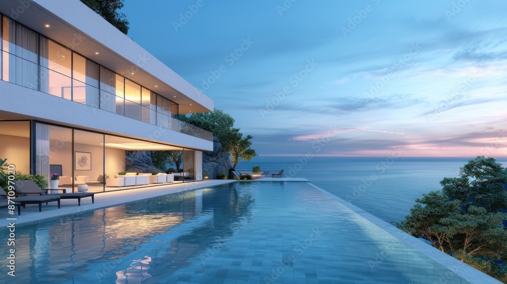 Fototapeta premium Luxury Modern Villa with Infinity Pool Overlooking Ocean at Sunset