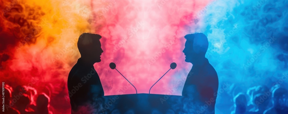 custom made wallpaper toronto digitalSilhouettes of two people in a heated debate, facing each other with colorful smoke in the background, representing contrast and tension.
