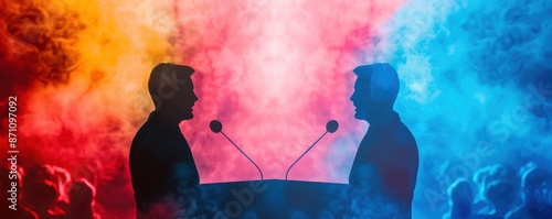 Silhouettes of two people in a heated debate, facing each other with colorful smoke in the background, representing contrast and tension.