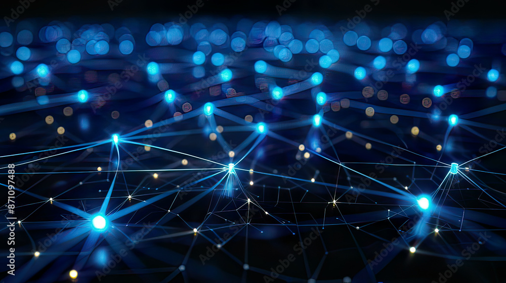Vibrant design of edge computing featuring glowing blue nodes and network lines set against a dark high-tech background Vibrant design of edge computing featuring glowing blue nodes and network lines set against a dark high-tech background