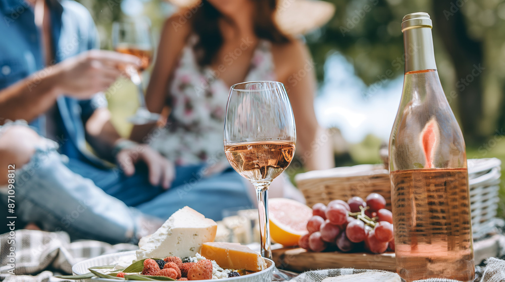 A couple enjoying a romantic picnic with a bottle of rosé wine and a spread of cheese and fruits on a sunny day. A couple enjoying a romantic picnic with a bottle of rosé wine and a spread of cheese and fruits on a sunny day.