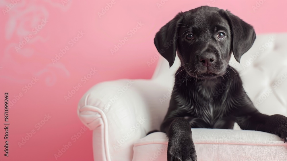 Fototapeta premium Black lab puppy posing on pink background on white sofa