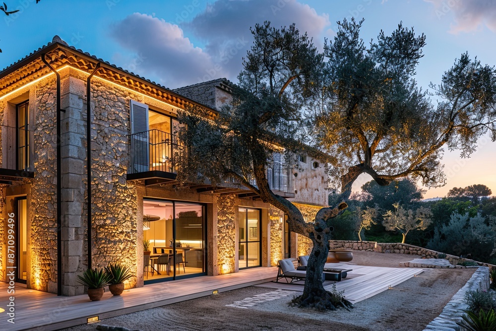 exterior design of an old stone house in mallorca, traditional mediterranean style with modern furniture and lighting, garden terrace