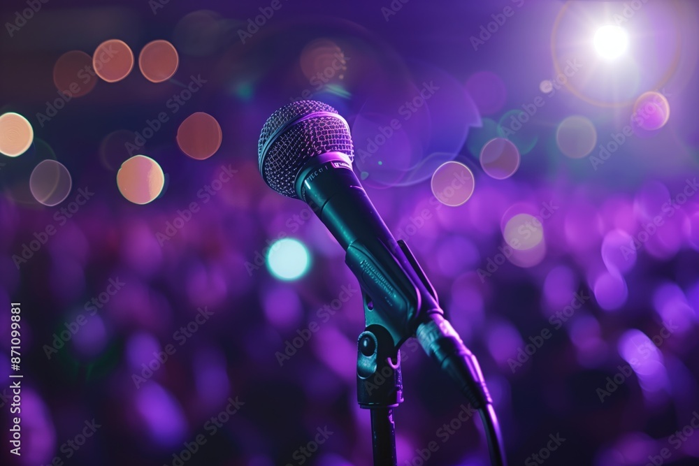 Obraz premium Close-up of Microphone with Blurry Crowd Background at Concert or Political Speech