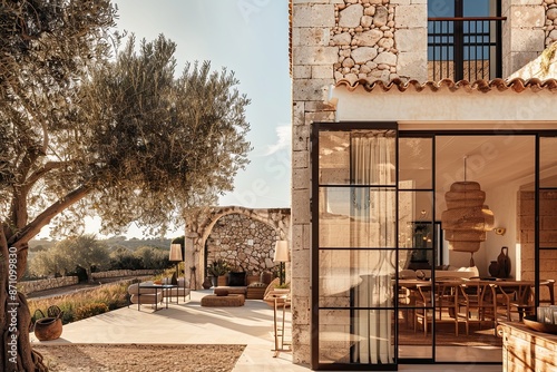 exterior design of an old stone house in mallorca, traditional mediterranean style with modern furniture and lighting, garden terrace