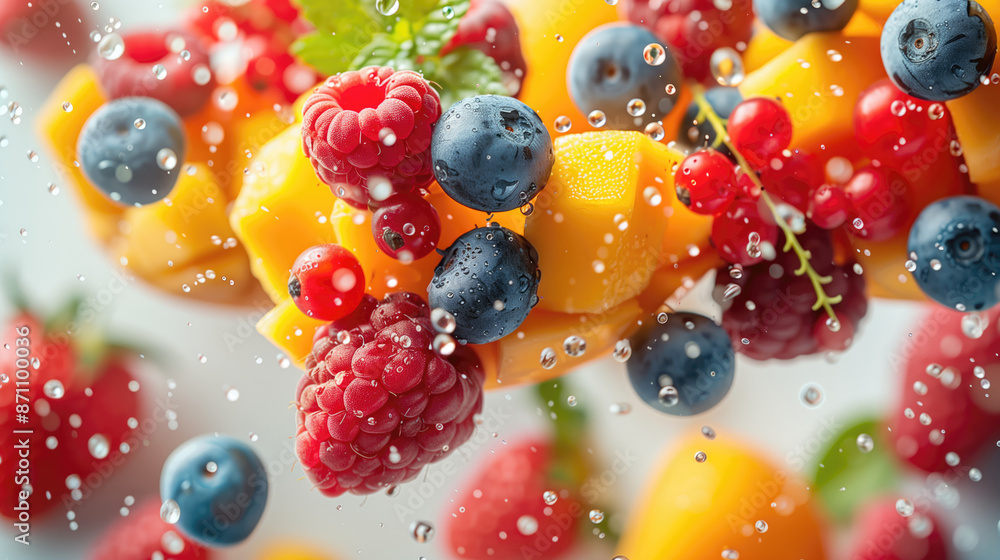 Mango and Berries Falling in Air on White Background Close-Up Food Photography Mango and Berries Falling in Air on White Background Close-Up Food Photography