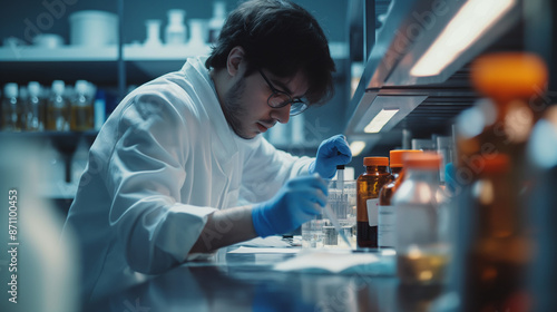 Researcher preparing labels for a double-blind study, methodical and precise environment, left third copy space photo