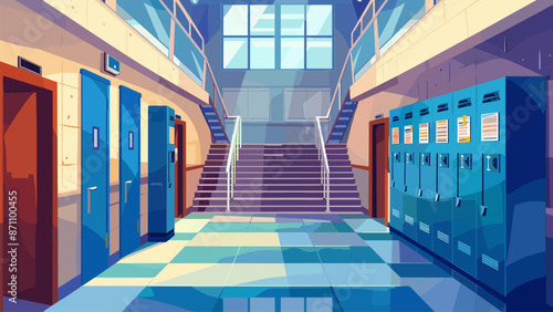 School Hallway with Stairs and Doors Lockers Cartoon Game Background Educational Institution Corridor Interior Design Classroom Doors Lockers Windows Learning Study Illustration