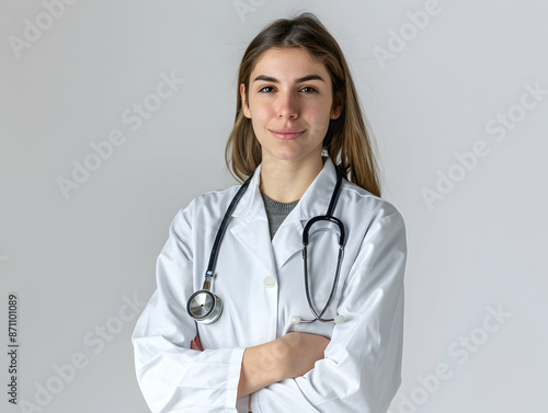 male or female doctor portrait, Healthcare, medical staff concept. Portrait of smiling male or female doctor posing with folded arms plain background, Professional general practitioner.