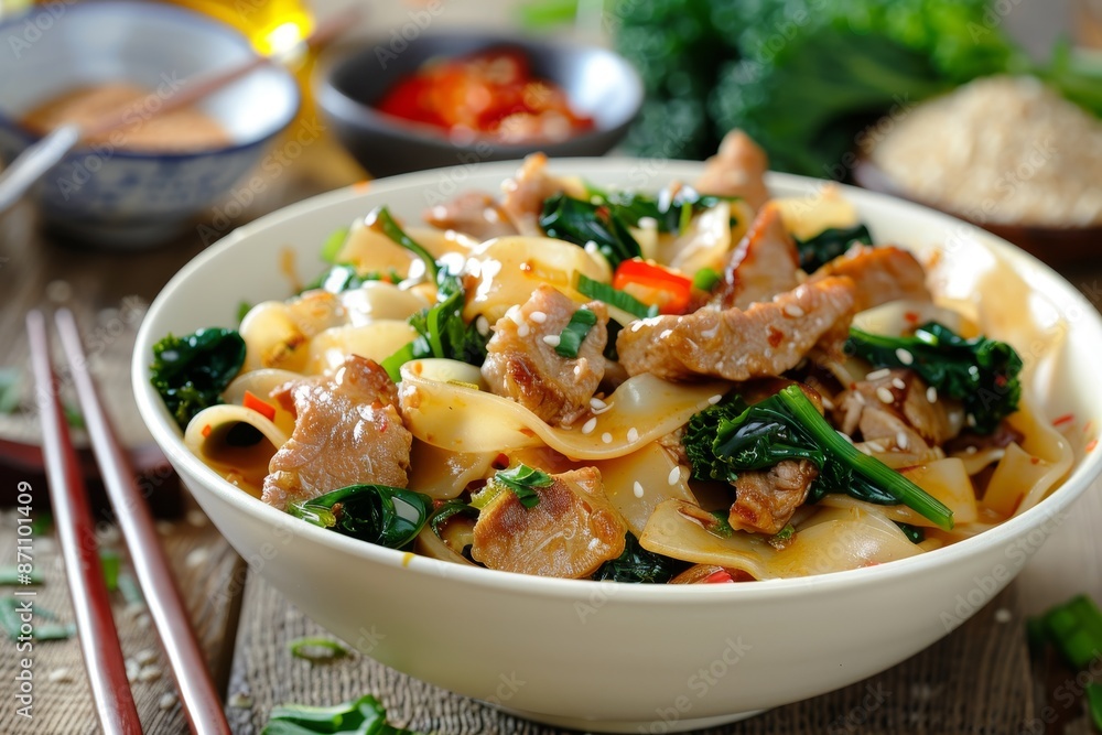 Asian dish of rice noodles with pork kale gravy and condiments Asian dish of rice noodles with pork kale gravy and condiments