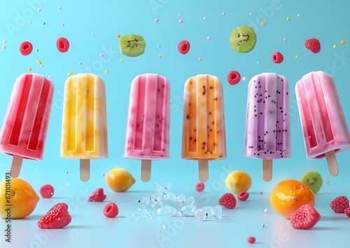 Playful Popsicle Illustration in Bright Geometric Patterns on Vivid Blue Background