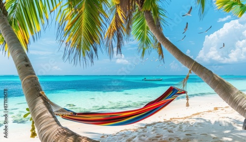 A colorful hammock hanging from the branches of two palm trees on an exotic beach, overlooking crystal clear turquoise waters and white sand under a bright blue sky with birds flying Generative AI © SKIMP Art