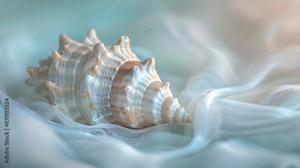 A shell is laying on a white cloth A shell is laying on a white cloth