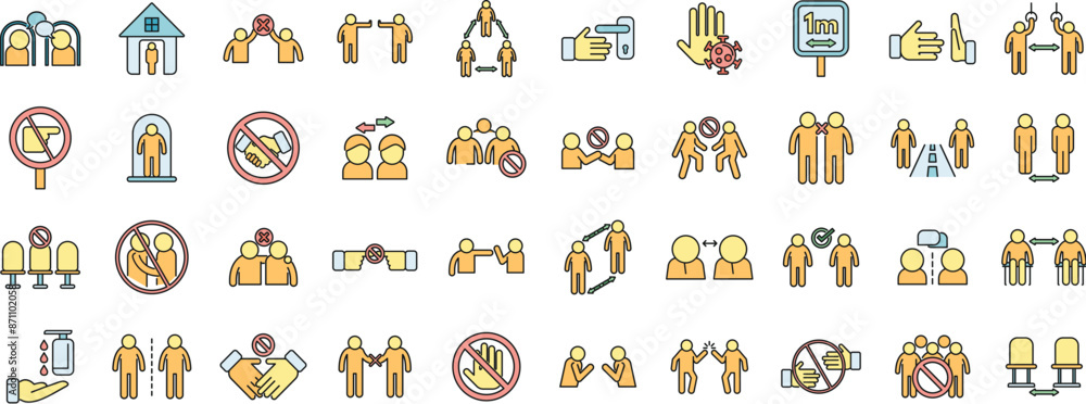 Obraz premium Avoid contact icons set outline vector. Touch handle. Door surface thin line color flat on white