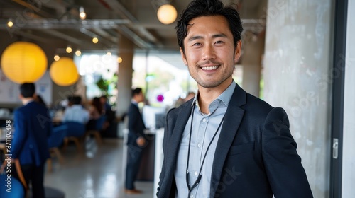 A friendly young man in a black blazer, standing and smiling in a lively office with colleagues at work in the background, emphasizing modern collaboration and optimism. photo