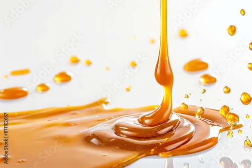 Banner design with caramel sauce pouring onto white background photo