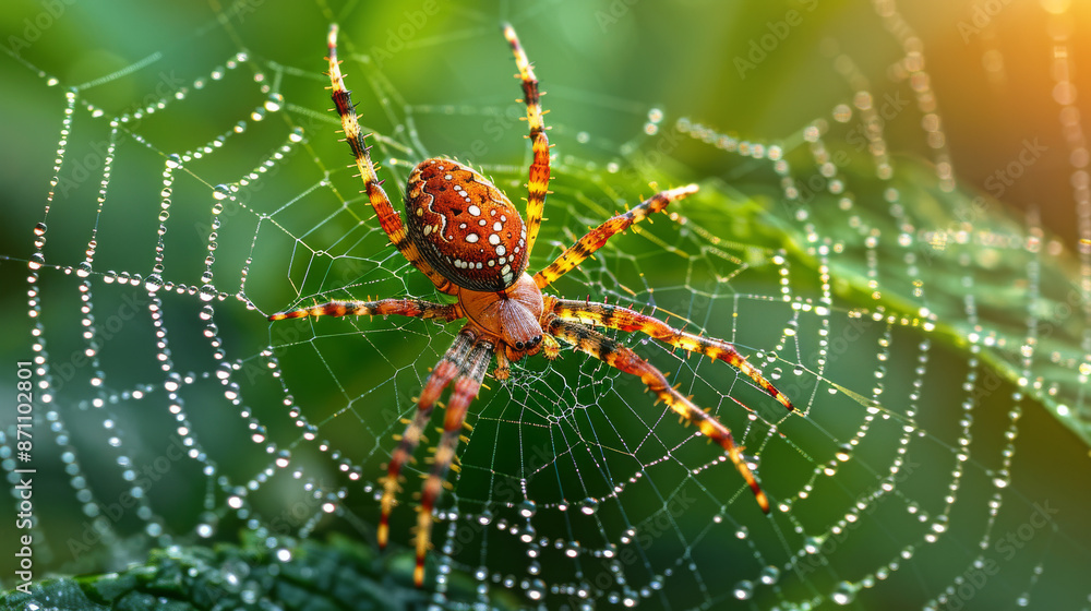 Spider's Web with Dewdrops in Close-Up