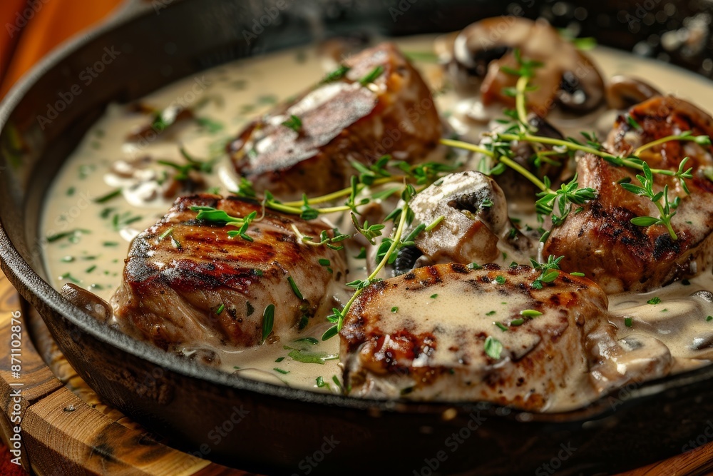 BBQ pork filet medallions in cream sauce with mushrooms and herbs in rustic pan on wooden board BBQ pork filet medallions in cream sauce with mushrooms and herbs in rustic pan on wooden board