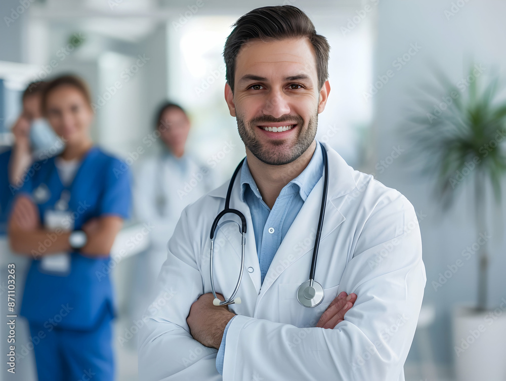 male or female doctor portrait, Healthcare, medical staff concept. Portrait of smiling male or female doctor posing with folded arms plain background, Professional general practitioner. male or female doctor portrait, Healthcare, medical staff concept. Portrait of smiling male or female doctor posing with folded arms plain background, Professional general practitioner.