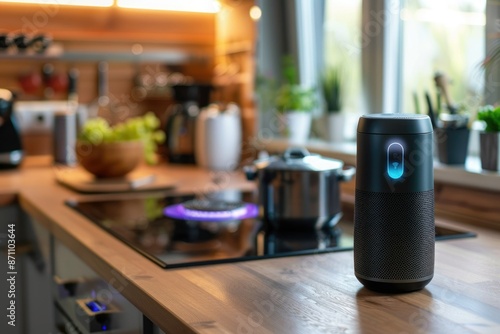 Minimalist kitchen showcasing a smart speaker on a wooden counter, emphasizing technology and simplicity. AIG62 photo