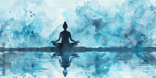 Silhouette of a person meditating on a cliff with a watercolor background in blue hues and blurred lines photo