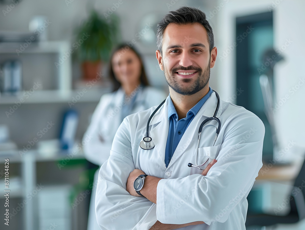 male or female doctor portrait, Healthcare, medical staff concept. Portrait of smiling male or female doctor posing with folded arms plain background, Professional general practitioner. male or female doctor portrait, Healthcare, medical staff concept. Portrait of smiling male or female doctor posing with folded arms plain background, Professional general practitioner.