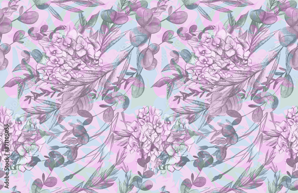 Fototapeta premium Summer pattern with hydrangea flowers drawn in pencil and watercolor for textiles and design