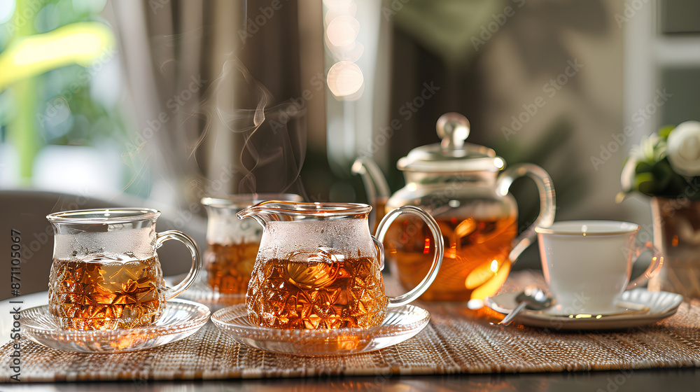 warm tea dish with beautiful teapot and glasses warm tea dish with beautiful teapot and glasses