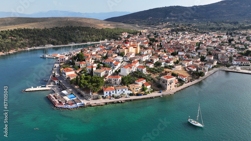 Aerial drone top down photo of famous picturesque marine village of Galaxidi, Fokida, Greece